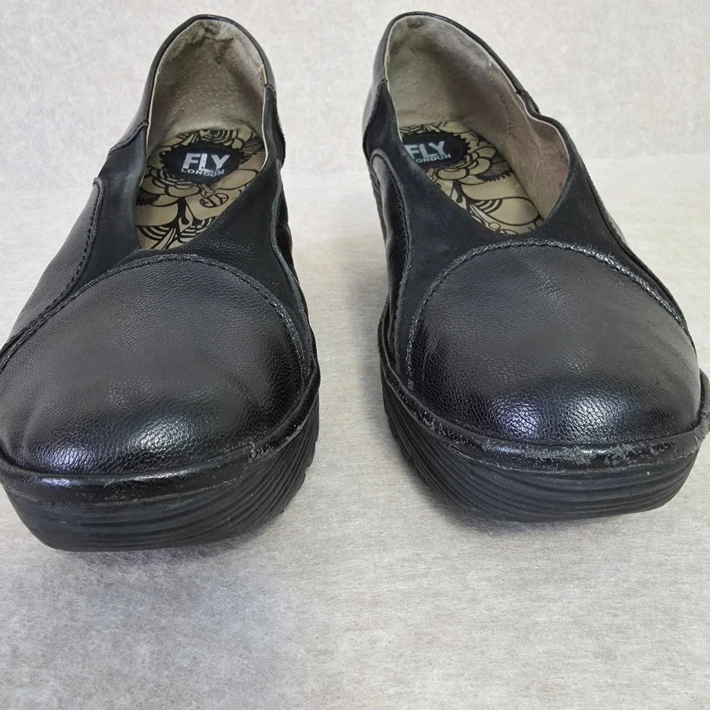 Fly London Black Leather Slip On Wedge Shoes EU‎ 41 Chunky Platform Pumps